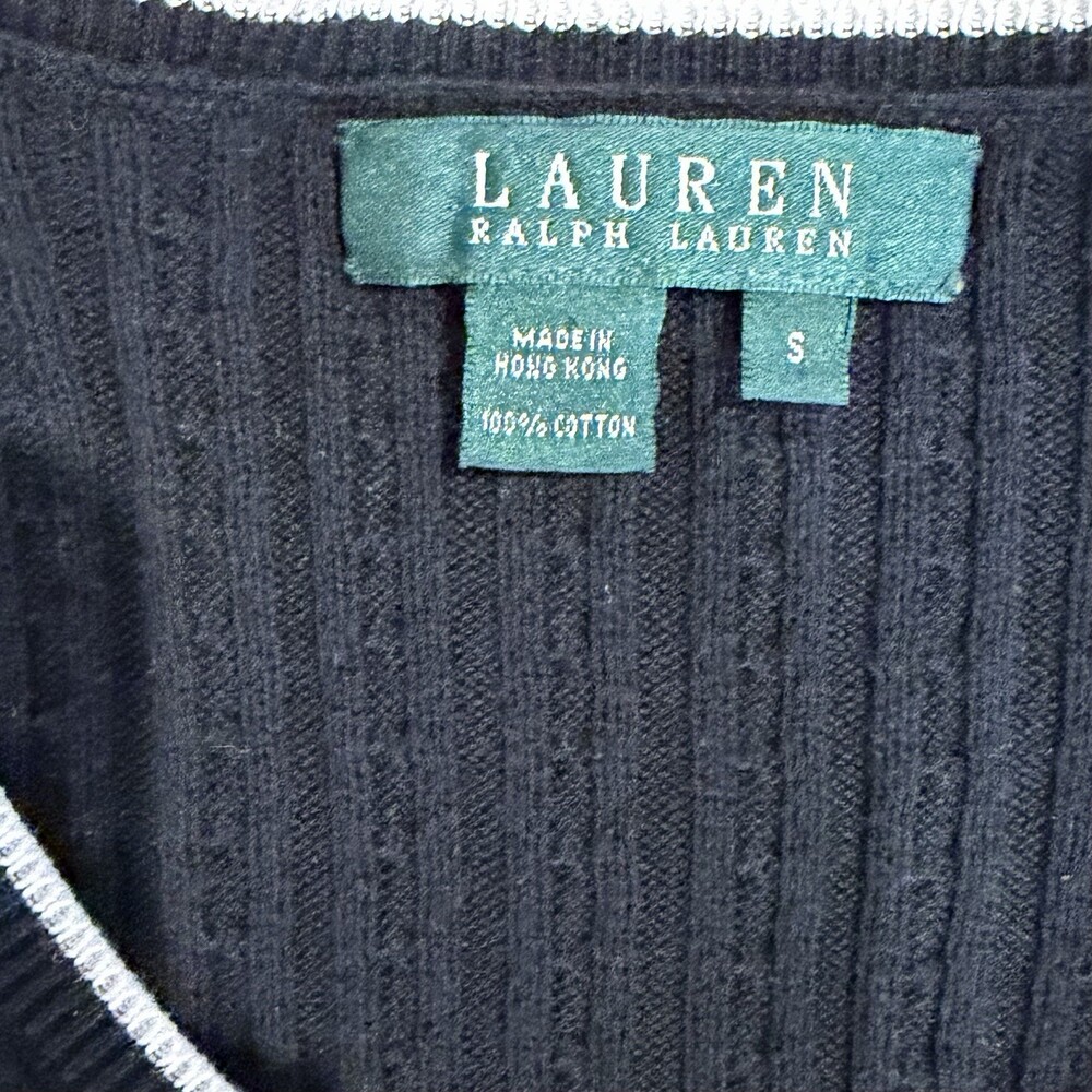 Lauren Ralph Lauren Black Cable Knit V Neck Sweater S Cotton Classic - Picture 3 of 10